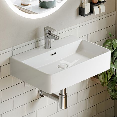 HOROW Waschbecken Wandmontage Keramik Hängewaschbecken Rechteckig Aufsatzwaschbecken mit Hahnloch und Überlauf für Klein Gäste WC (1/5)