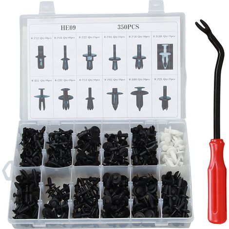 Kit de 350 fijaciones, clips de presión de plástico y nailon, herramienta de extracción incluida, para parachoques y paneles de puertas. (1/5)