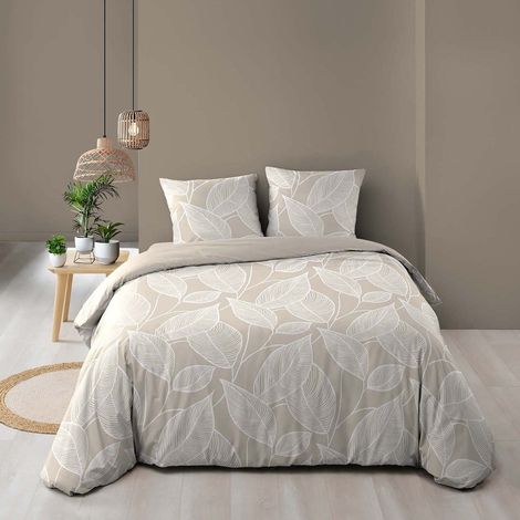 Housse de couette 240 x 220 cm coton 57 fils imprimé feuillage AMANDA Naturel + 2 taies