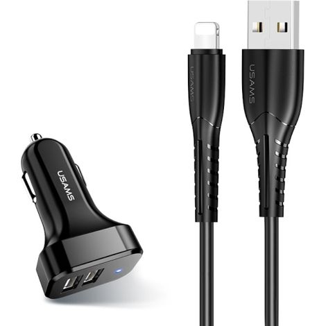 Cargador de coche Lightning USAMS 2xUSB de 2.1A, color negro (1/2)