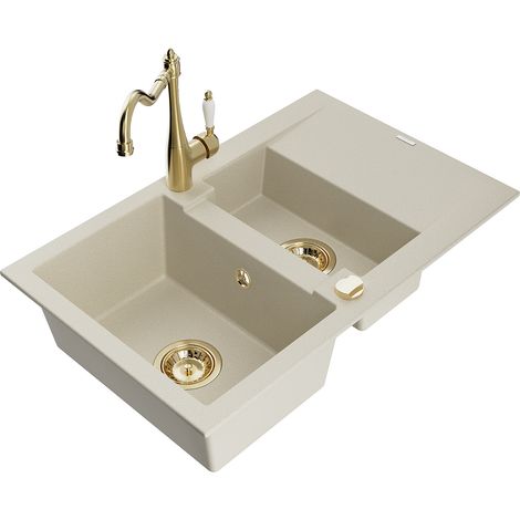 Mexen Gaspar évier en granit 1,5 bac avec égouttoir et robinet de cuisine Carla, beige - 6507-69-670700-50 (1/5)