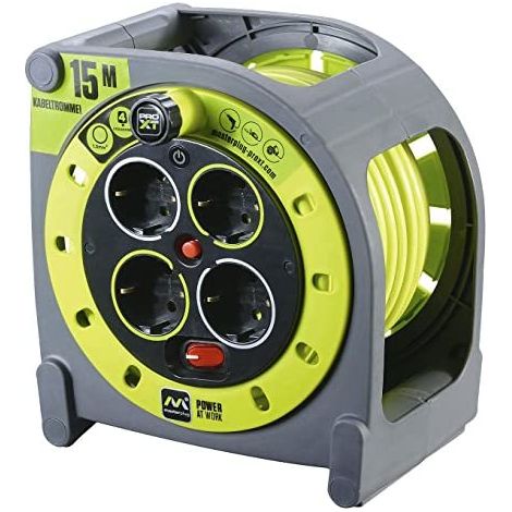 Luceco Masterplug ProXT HMG15164SL-PX Prolunga Elettrica con Avvolgicavo e Presa Multipla x 4, 15 m, grigio/verde (1/5)