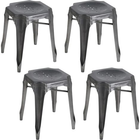 Lot 4 tabourets vintages empilables en métal gris vieilli - METALICA (1/5)