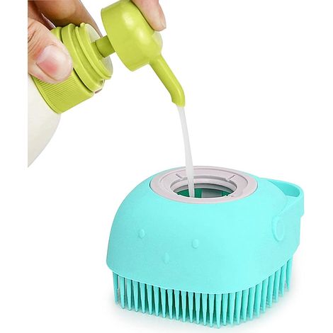 Pet Massage Brush Silicone Rubber Bath Brush with Shampoo Dispenser for Dog Cat Silicone Massage Bath Brush for Pet Shower (Blue) (1/5)