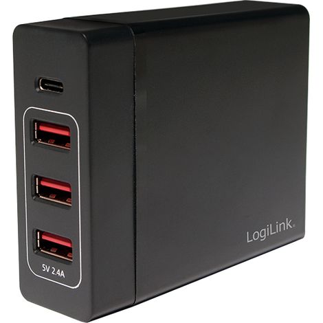 Cargador de escritorio USB Logilink de 72 W, 3 puertos USB-A + 1 puerto USB-C PD, carga rápida de 60 W para MacBook, iPhone, iPad y smartphones. Color negro. (1/5)