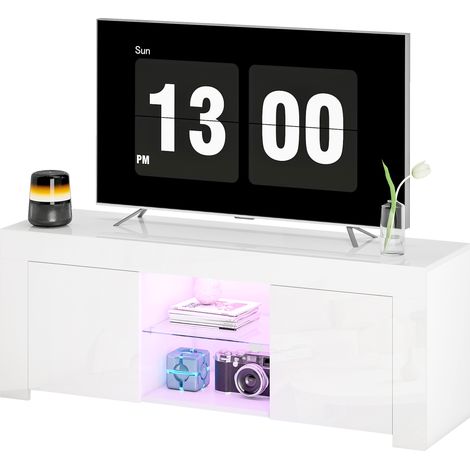 Meuble TV avec éclairage LED, 2 portes, étagère en verre, passe-câbles, pour salon, panneaux de particules, blanc