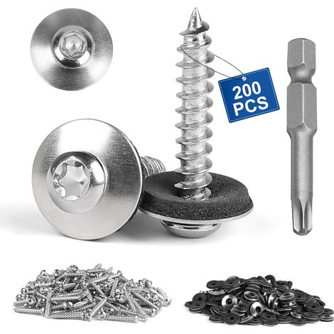 200 Pièces Vis de Ferblantier 4,5 x 25 mm en Acier Inoxydable, Vis avec Rondelle d'étanchéité EPDM et Embouts Torx T20 pour Machines, Industrie, Construction (1/5)