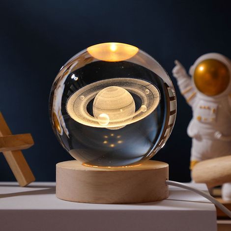 Veilleuse Système Solaire 3D - Boule Cristal LED sur Support Bois - Décoration Astronomie Chambre - 1 Pièce (1/5)