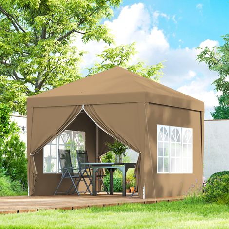 Cenador plegable de exterior de 3x3 m con 4 paneles laterales, acero y tela Oxford, color caqui.