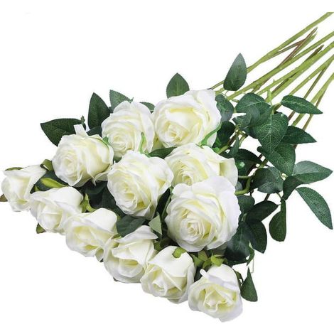 Roses Artificielles - Tige Longue 53 cm - Tête Fleurie 12 cm - Bouton 6 cm - Soie et Fil Métallique Gainé Plastique - Décoration Intérieure Extérieure - 12 Pièces (1/5)