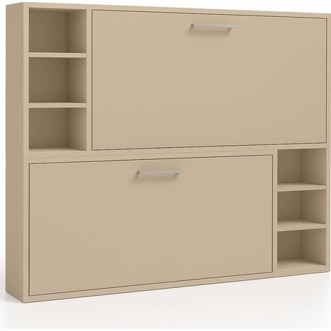 Lit escamotable superposé horizontal 2 couchages 90x180 avec étagères Binka-Coffrage Wengué-Façade Blanche (1/5)