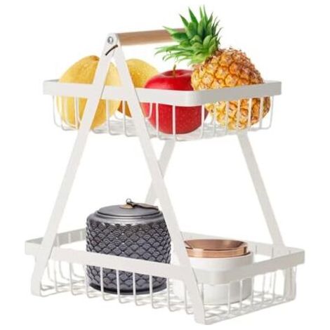 ALLIANDISCorbeille à Fruits à 2 étages, Corbeille à Légumes Pour Comptoir De Cuisine Panier De Rangement En Fil Métallique Support De Fruits Détachable Porte-Fruits Support Pour Bol Avec Manche(Blanc) (1/4)