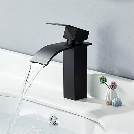Robinet de lavabo cascade noir Robinets de lavabo à main avec mitigeur de salle de bain en acier inoxydable à levier unique Mitigeur de lavabo design moderne (1/5)