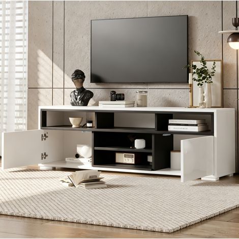 meuble tv 150 cm LED, 2 portes, blanc brillant OKMYHOME (1/5)