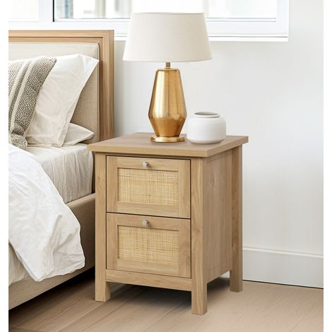 Hallowood Furniture Newquay Oak Effect Bedside Table with Rattan Front, 2-Drawer Side Table for Bedroom or Living Room, Narrow Nightstand, Compact Decorated Rattan Bedroom Furniture