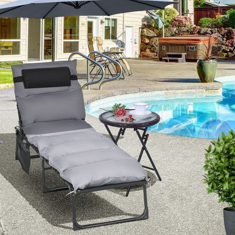Gartenliege Stahl & Polyester Hellgrau, klappbar, 5-fach verstellbar, mit Kopfkissen und Seitentasche, 58 x 189 x 32,5 cm (1/5)