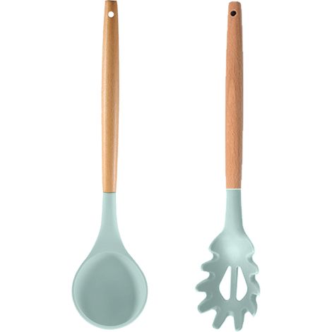 Ensemble Ustensiles Cuisine - Silicone Resistante Chaleur Et Manche Bois - Pour Casseroles Antiadhesives - Lot De 2 (1/5)