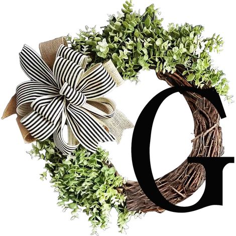 Couronne de porte avec lettre G en bois, décorée d'un ruban, vert, 36cm, parfait pour jardin, entrée et cadeau de maison (1/5)