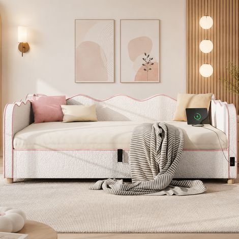 Lit banquette coffre 90x200 cm avec rangement hydraulique, USB et USB-C, dossier rembourré, sommier à lattes, bouclette, beige (1/5)