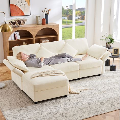 Sofá modular de chenilla con otomana y 4 cojines OKMYHOME (1/5)