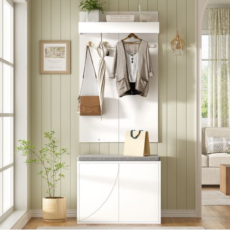 Mueble zapatero 3 en 1 con perchero, 4 ganchos y banco, blanco DESVIAE (1/5)