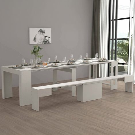 Dmora - Set tavolo e sedie Crispin, Composizione multiuso, Set con consolle e 1 panca allungabili, 100% Made in Italy, 66x25h45 cm, Bianco, con imballo rinforzato