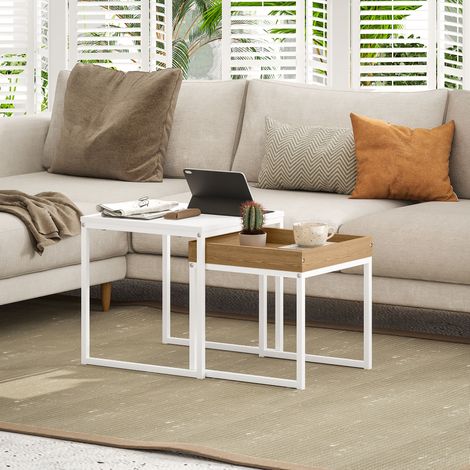 Moderner Couchtisch, 2er-Set Sofatisch, für kleine Räume, Quadratisch, MDF, Metall, Weiß