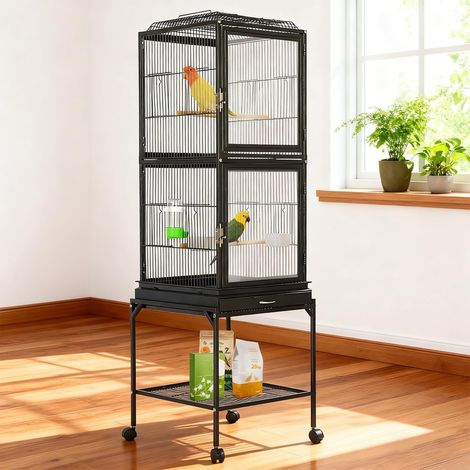 Cage à oiseaux élégante et spacieuse, cage de transport et élevage pour petits oiseaux avec tiroir amovible et roulettes, noir (1/5)