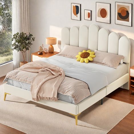 Cama tapizada de 140 x 200 cm, estructura de cama doble, cama para adultos/jóvenes/invitados, cabecero ajustable, terciopelo agradable para la piel, color beige (1/5)