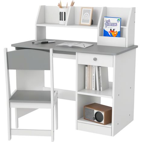 Bureau enfant avec chaise - ZONEKIZ - clavier coulissant, tiroir, niches et étagères ouvertes - 90 x 45 x 90 cm - gris (1/5)