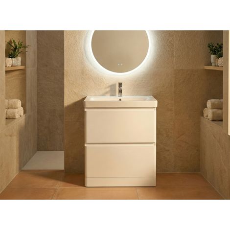 Meuble sous‑vasque BORA 80 cm À poser, Meuble de salle de bain au sol laqué Blanc Brillant, plan en résine, 2 tiroirs amortis, poignées intégrées, meuble lavabo grande capacité (1/5)
