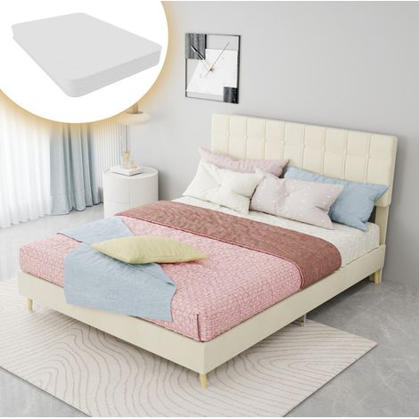 Letto matrimoniale moderno in tessuto beige 140x200 cm con testiera imbottita a quadri e piedini effetto legno