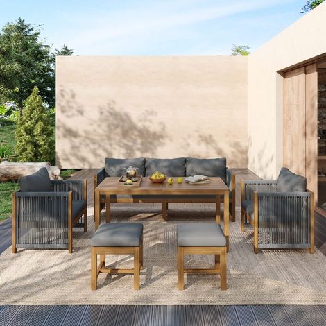 Salon de Jardin 6 Pièces en Acacia - Canapé 3 Places, 2 Fauteuils, 2 Poufs, Table - Gris