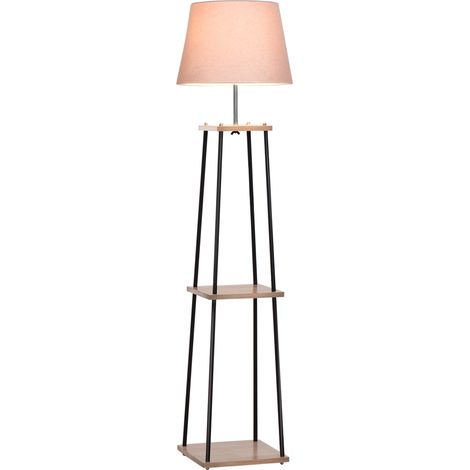 Lampadaire moderne avec 3 étagères en bois pin massif et métal noir, dimensions 40x40x160 cm, abat-jour lin beige, 40W max (1/5)
