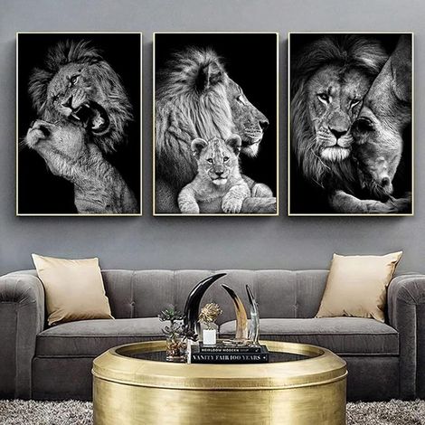 Famille de Lions Afrique Peinture Noir et Blanc Toile Peinture Affiche Decoration Murale Tableau Art, Impression sur Toile Chambre Maison Decor Murale Art sans Cadre (B,3X30X40CM) (1/5)