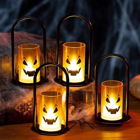 Set di 4 lanterne LED di Halloween per uso esterno con batterie, lanterne fantasma zucca strega spirito decorazione da appendere in casa o all'aperto (4 candele LED di Halloween) (1/5)