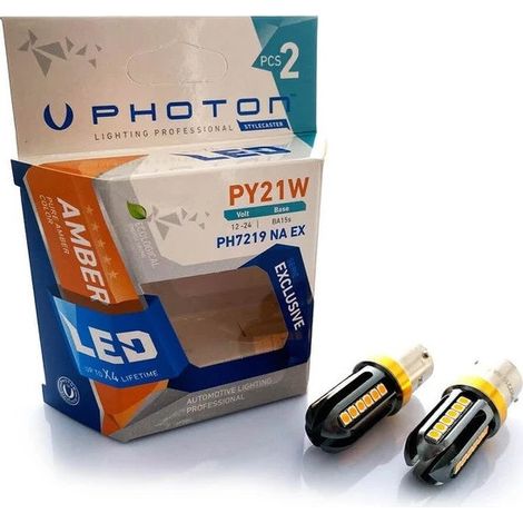 Set mit 2 LED-Lampen, 24 SMD, BA15S (P21W), 12V–24V, gelb/orangefarbenes Licht — EXCLUSIVE Photon