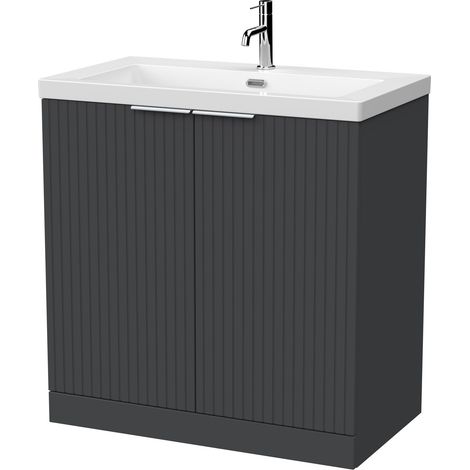 Callingwood Contemporary Floor Standing 2 Door Vanity Unit with 1 Tap Hole Fireclay Basin , 800mm, Dark Grey (1/4)