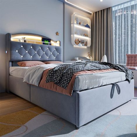 Lit enfant 90x200 rembourré velours gris avec rangements, LED et port USB, sommier inclus (1/5)