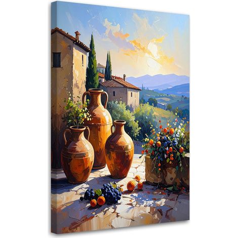 Bild auf Leinwand Toskana Weinberge Krüge Blumen Weinberge 70x100 (1/5)