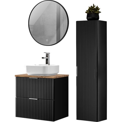 Badmöbel Set mit Keramik Waschbecken und LED Spiegel, matt schwarz und Eiche Nb., mit gerillter Front, ADELAIDE-56-BLACK, B/H/T ca. 110/200/46,5 cm (1/5)