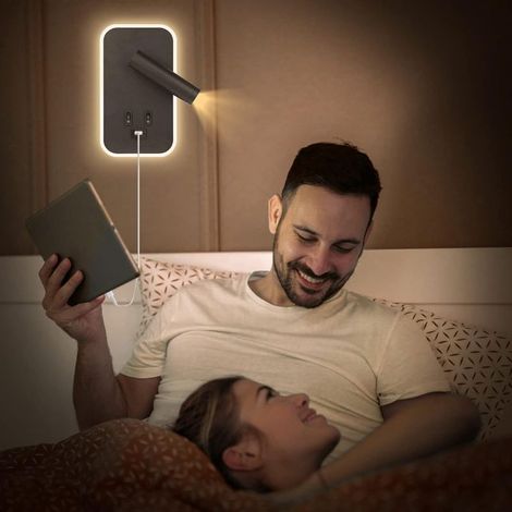Liseuse de Chevet, 2PCS Applique Murale LED Chambre avec Interrupteur et Charge USB, 3W+9W 3000K Fixation Murale Spot Rotatif, Lumières Mural Lit Lampe Murale Couloir Hotel (Noir-2pcs) [Classe énergét (1/5)