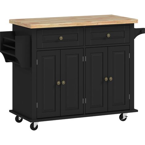 Desserte de cuisine îlot multi-rangements 2 tiroirs 2 placards 2 portes avec étagère à bouteilles, porte-essuie-tout et étagère ajustable MDF noir hévéa (1/5)
