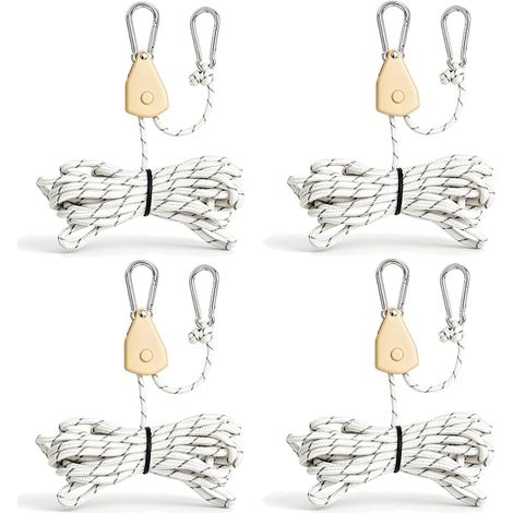 Lot de 4 tendeurs à corde réglables avec tendeur de corde Suspension à cliquet Corde réfléchissante légère avec crochets pour tentes de camping, auvents blanc, 4 mm x 4 m (1/5)