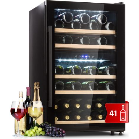Klarstein Cave à vin 41 bouteilles, cave de service avec étagères en bois amovibles, porte en verre, commande tactile, écran LCD, éclairage intérieur, temp de 5 à 18°C, cave a vin veillissement, Noir