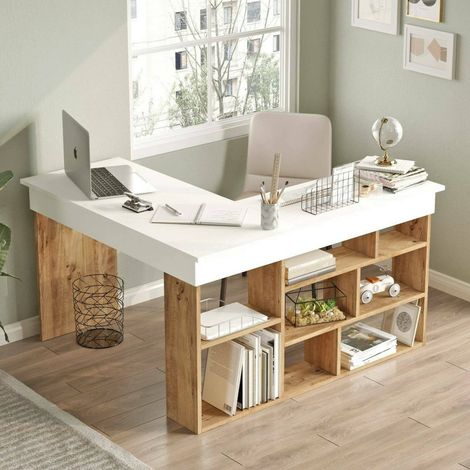 Dmora - Escritorio Angete, Escritorio multiusos, Mesa de oficina para PC, El plan de trabajo, 129x120h72 cm, Roble y Blanco, con embalaje reforzado (1/5)