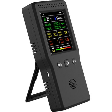 Détecteur de qualité de l'air portable 9 en 1 Température Humidité PM2.5 PM10 HCHO TVOC CO CO2 AQI Détecteur de qualité de l'air multifonctionnel Écran couleur LCD avec rétroéclairage (1/5)