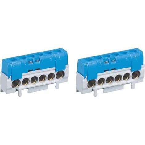 Lot de 2 Bornier de répartition IP2X, 1 connexion 10-35mm², PVC bleu, L.62mm, pour rail DIN