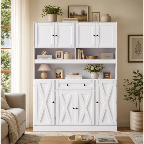 Aparador de cocina 140x40,1x184,7 cm de MDF blanco crema con enchufe – MEUBLIV (1/5)