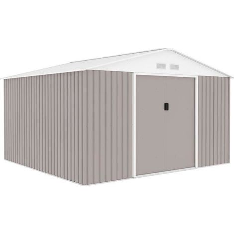 Abri de jardin en métal 10,85 m² - 340 x 319 x 210 cm - JUPITER - Kit d'ancrage inclus, 2 portes coulissantes - Taupe (1/5)